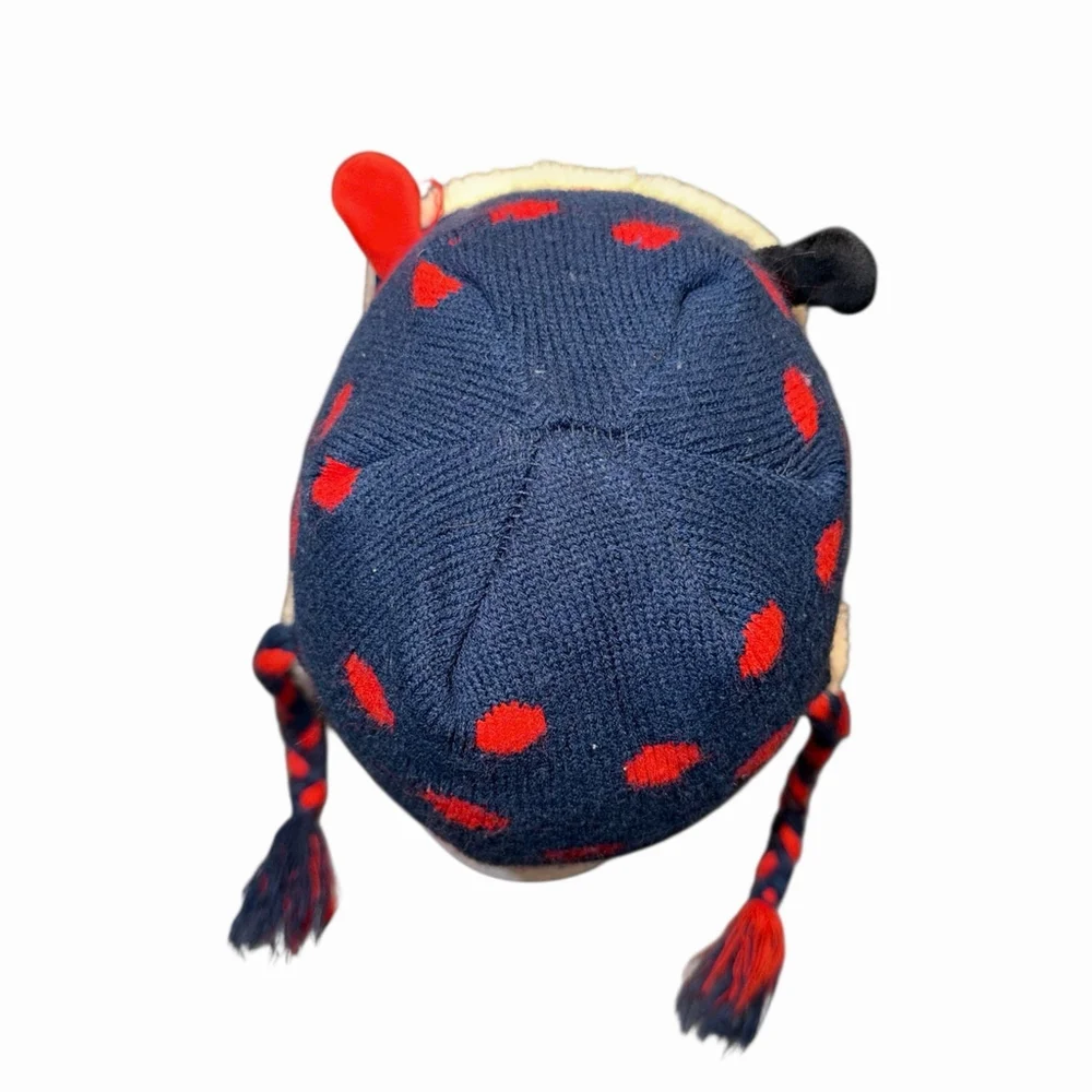 Girls Lady Bug Face Winter Knit Hat With Ear‎ Flaps Blue Red Beanie